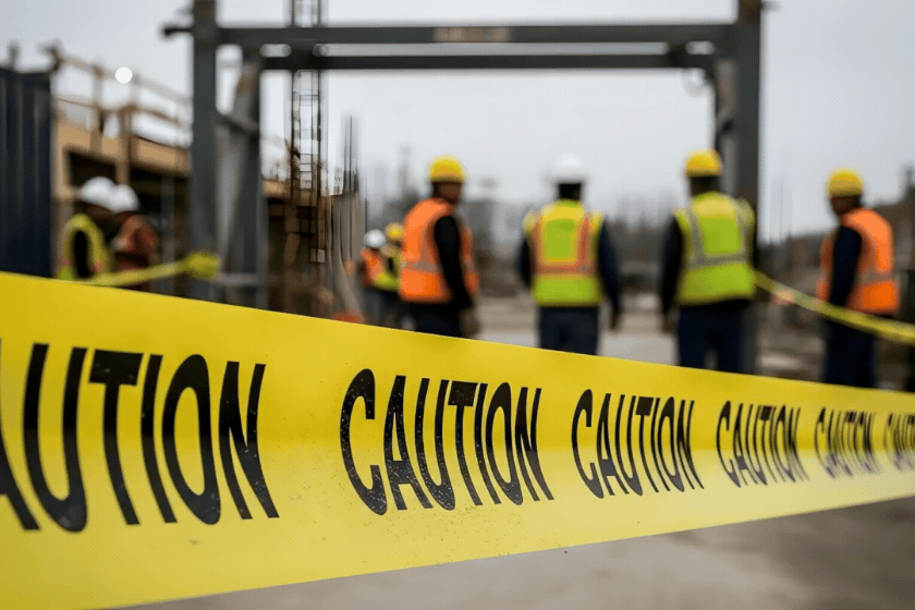 Construction site safety: workers behind caution tape ensuring safety procedures