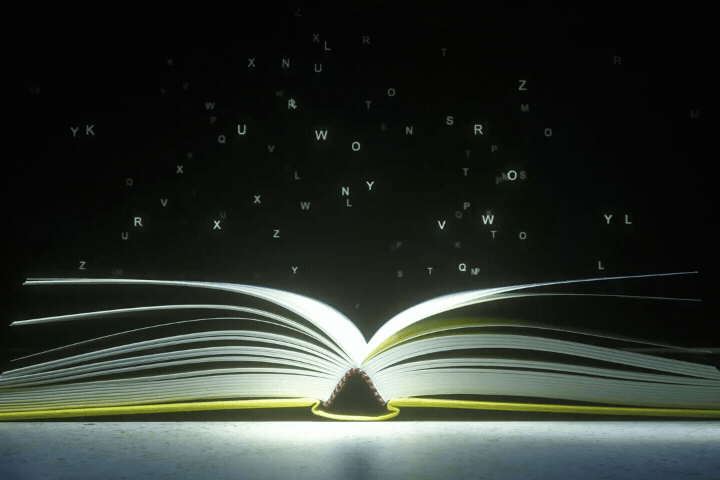 Letters fly off the open book pages to form STORY text. 3D animation