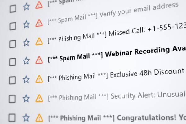 Busy email inbox with phishing alerts and spam notifications displayed in progression