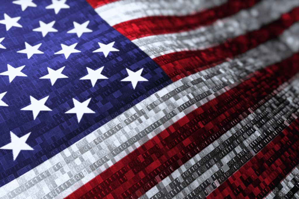 Downloaded Waving national flag of the United States of America. Woven flag concept animation with digital binary numeric computer code running through the flag. background shot for internet security, activism