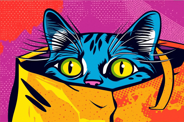 Cat in a bag in comic pop art style illustration, generative ai