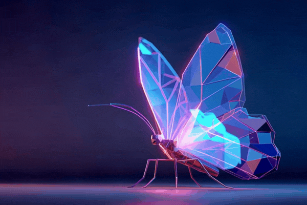 Geometric butterfly glowing on dark blue video