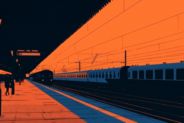 Lofi illustration of a bustling train station with people boarding and disembarking vintage trains on the tracks and a soft glow from the station lights