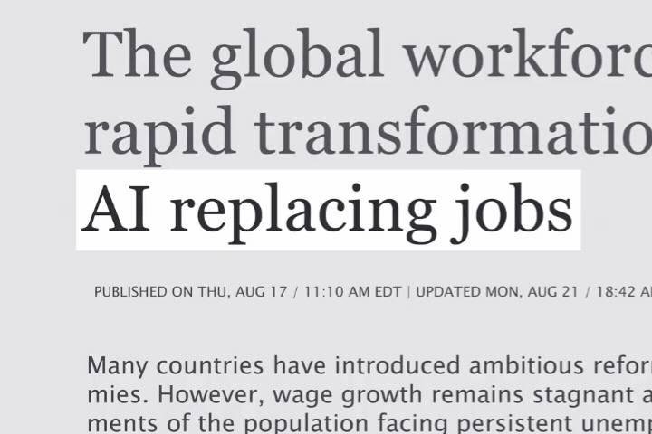 AI replacing jobs, changing news headlines sequence across media, news about AI-driven layoffs and job cuts, loop footage