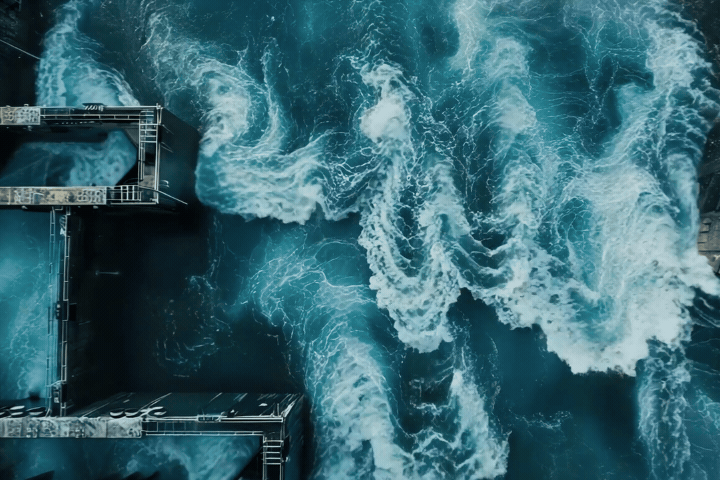 Big hydroelectric power energy plant with large turbines and water spills