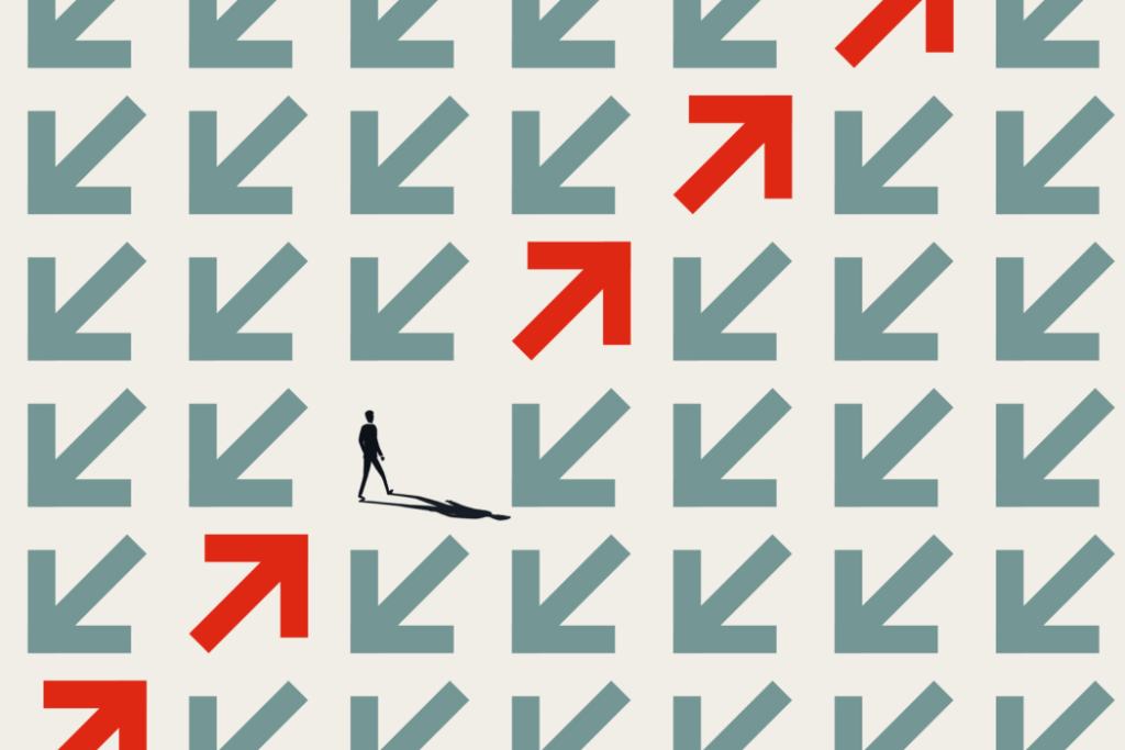 A minimalist business vector concept illustration of a figure walking along a red arrow path against a grid of teal arrows, highlighting independence and innovative leadership skills.