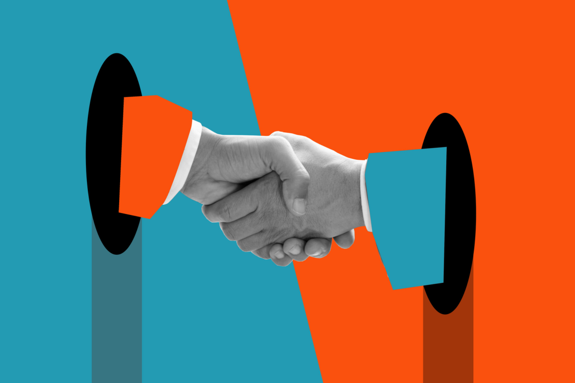 A handshake of businessmen. Modern design with a positive context.