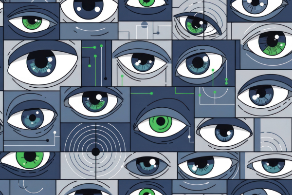 Eye surveillance pattern background, abstract technology concept with spying eyes illustration, dark blue surveillance theme.