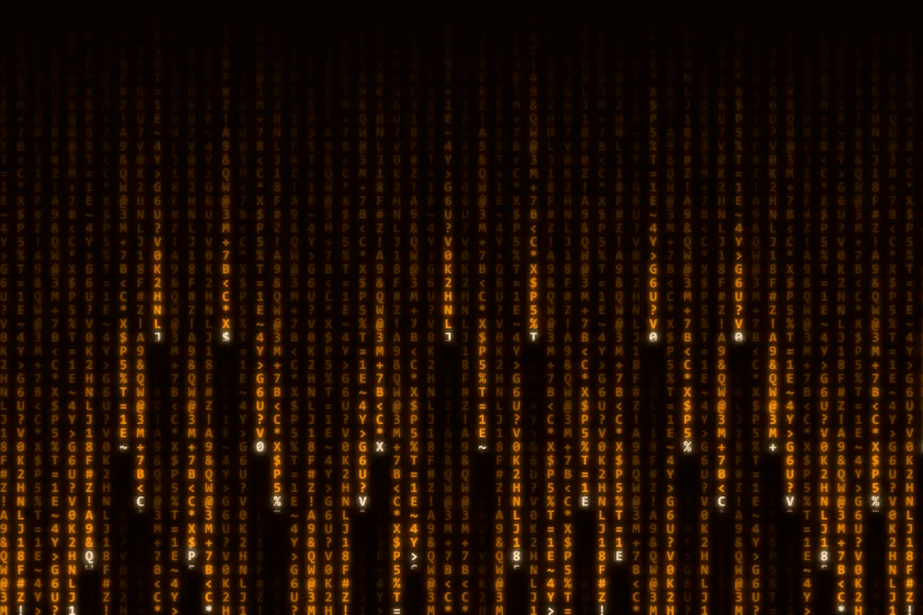 Hacker terminal amber code digital rain falling in orange cyber background