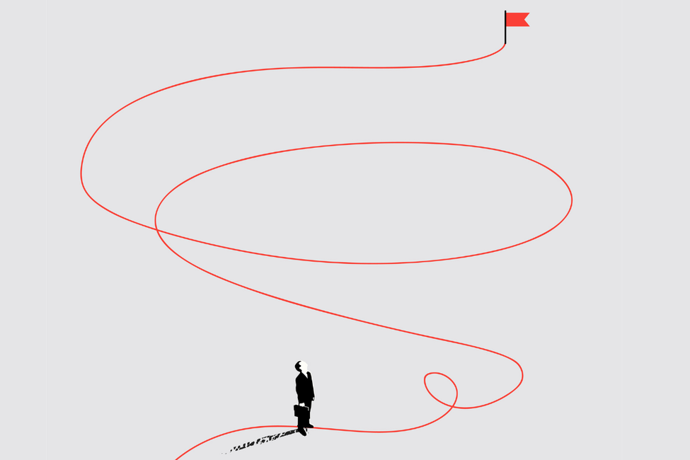 Business way or path or business strategy conceptual illustration with businessman silhouette and thin red line path to the flag as goal or aim. Minimalist vector illustration