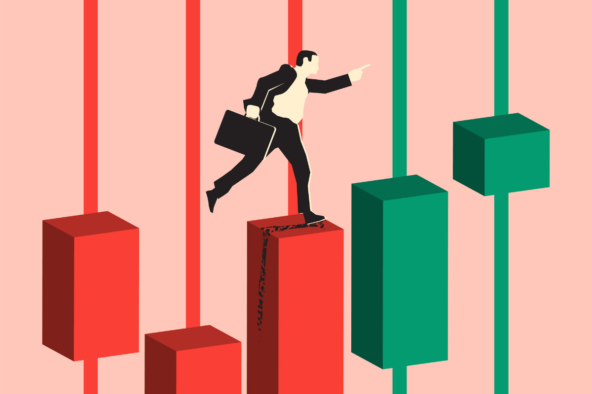 Business illustration concept of trading market with businessman or trader running and jumping on japanese candlestick pattern. Vector illustration