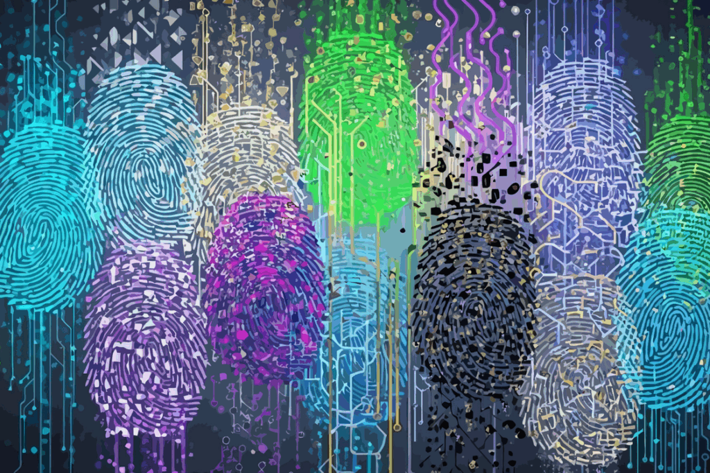 Abstract digital fingerprint patterns in various vibrant colors, representing identity and data security concepts