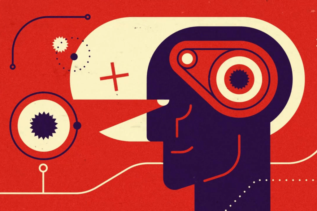 Conceptual mindset motion graphic design in retro grungy style with human's head.