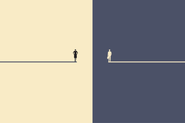 Businessman and business woman standing. concept of gender gap or business inequality concept. Business career challenge symbol. Eps10 vector illustration.