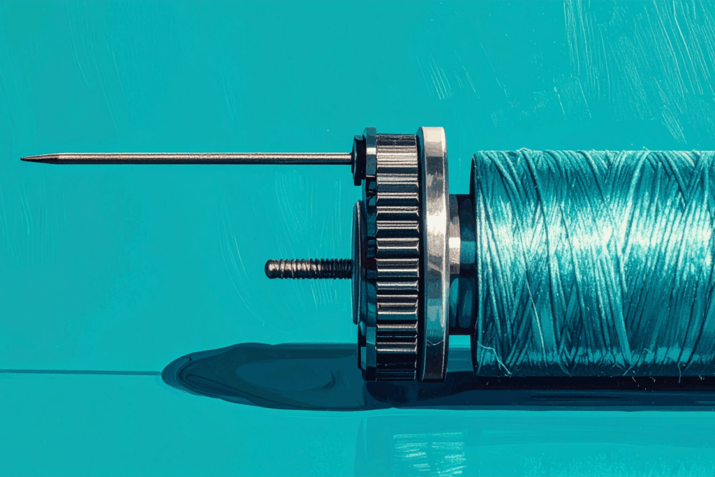 Close-up of a precision tool featuring a sharp metal needle, textured adjustment wheel, and tightly wound teal thread against a vivid turquoise background.