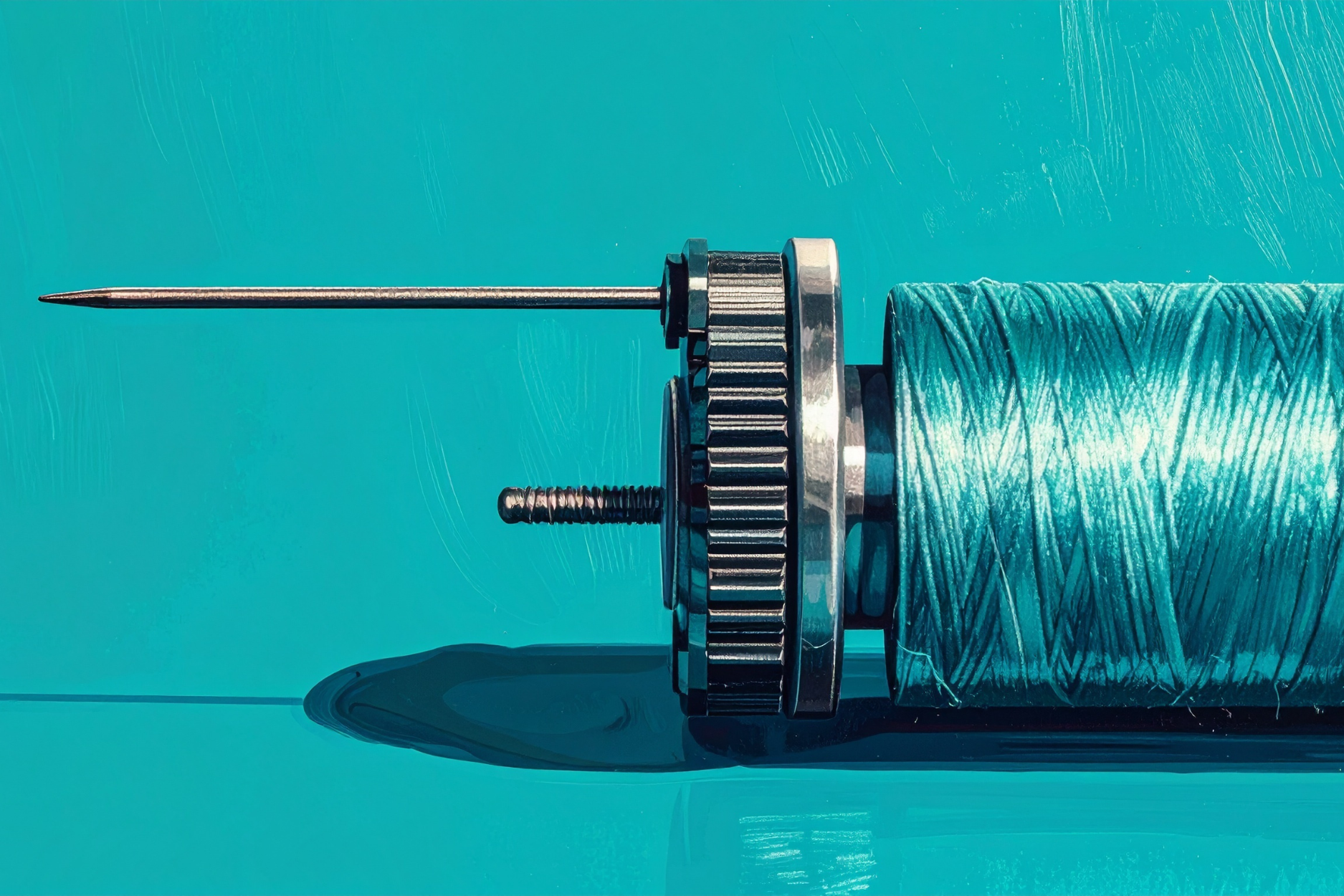 Close-up of a precision tool featuring a sharp metal needle, textured adjustment wheel, and tightly wound teal thread against a vivid turquoise background.