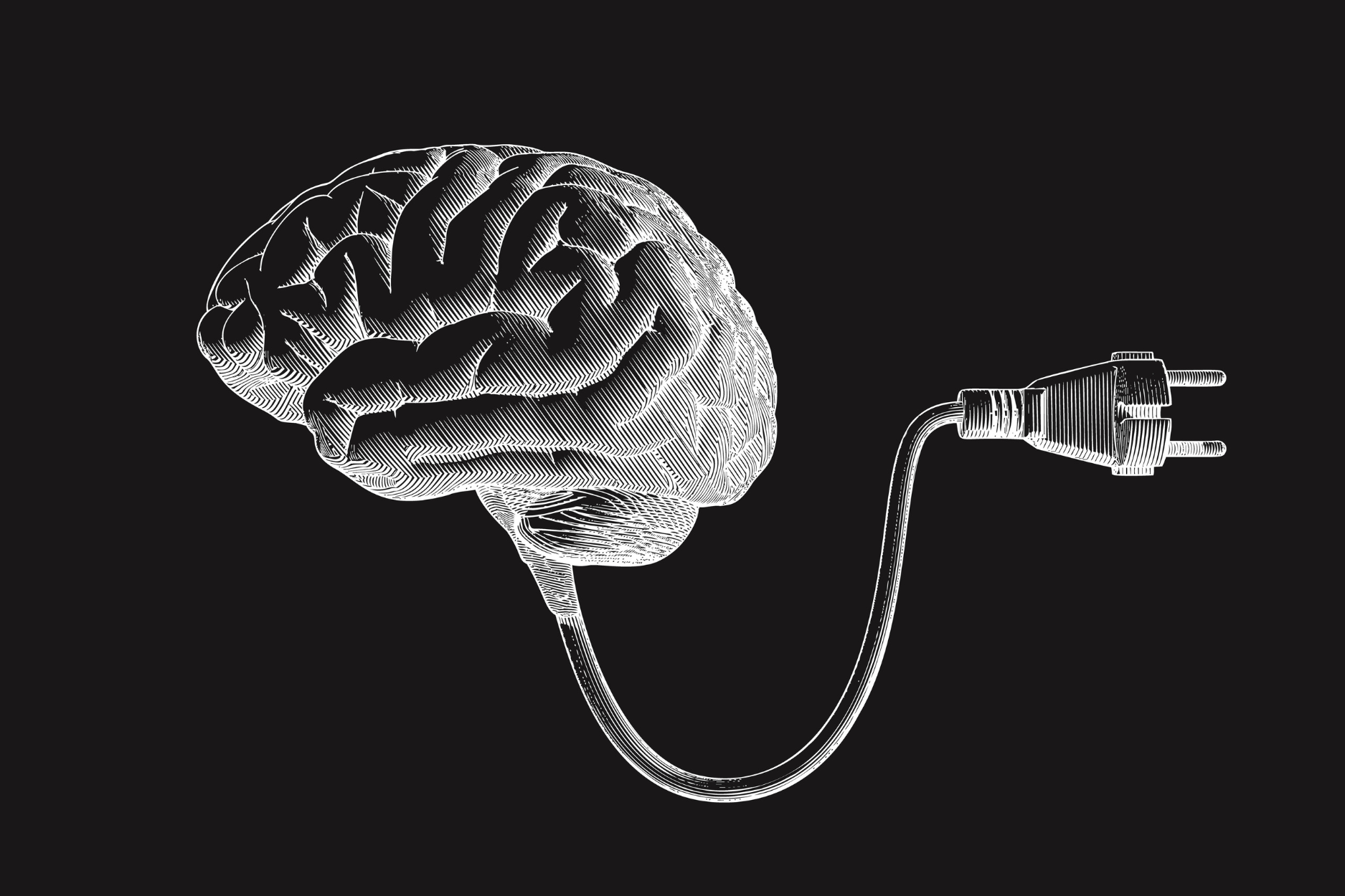 A black-and-white illustration of a human brain connected to an electrical power cord and plug against a dark background.