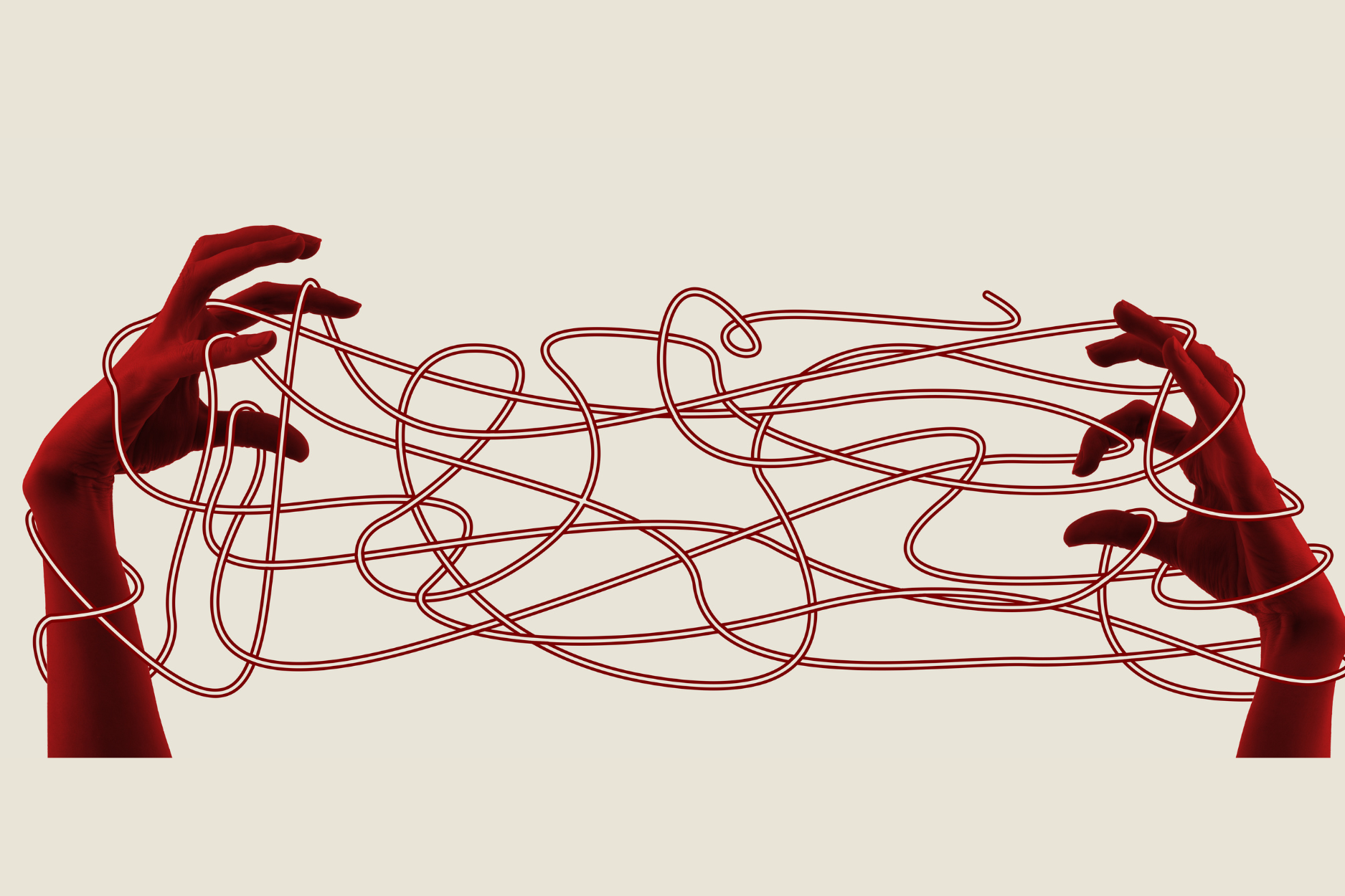 Two red hands tangled in looping red lines against a light beige background.