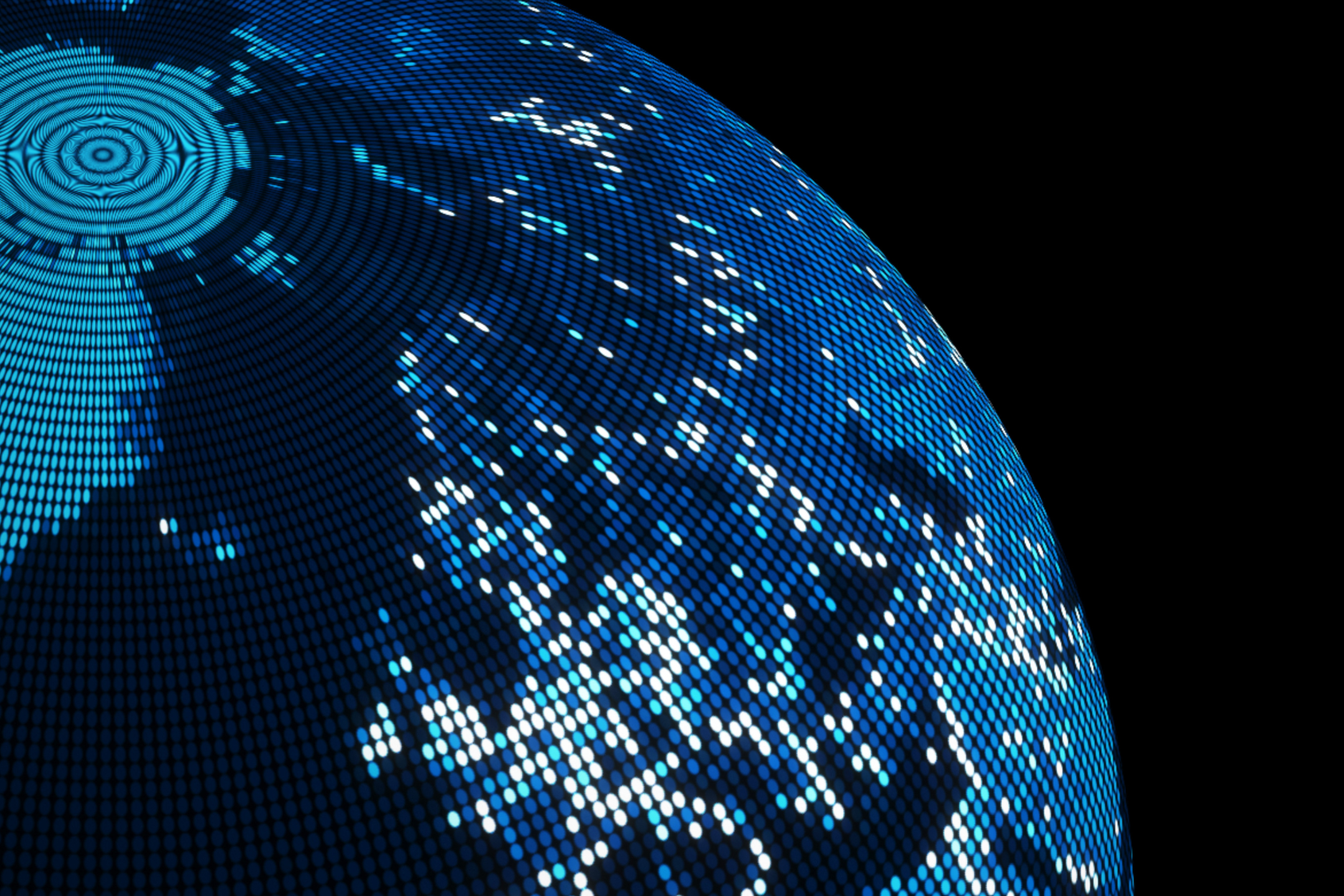 Abstract digital globe composed of illuminated blue, cyan, and white dots against a black backgroun