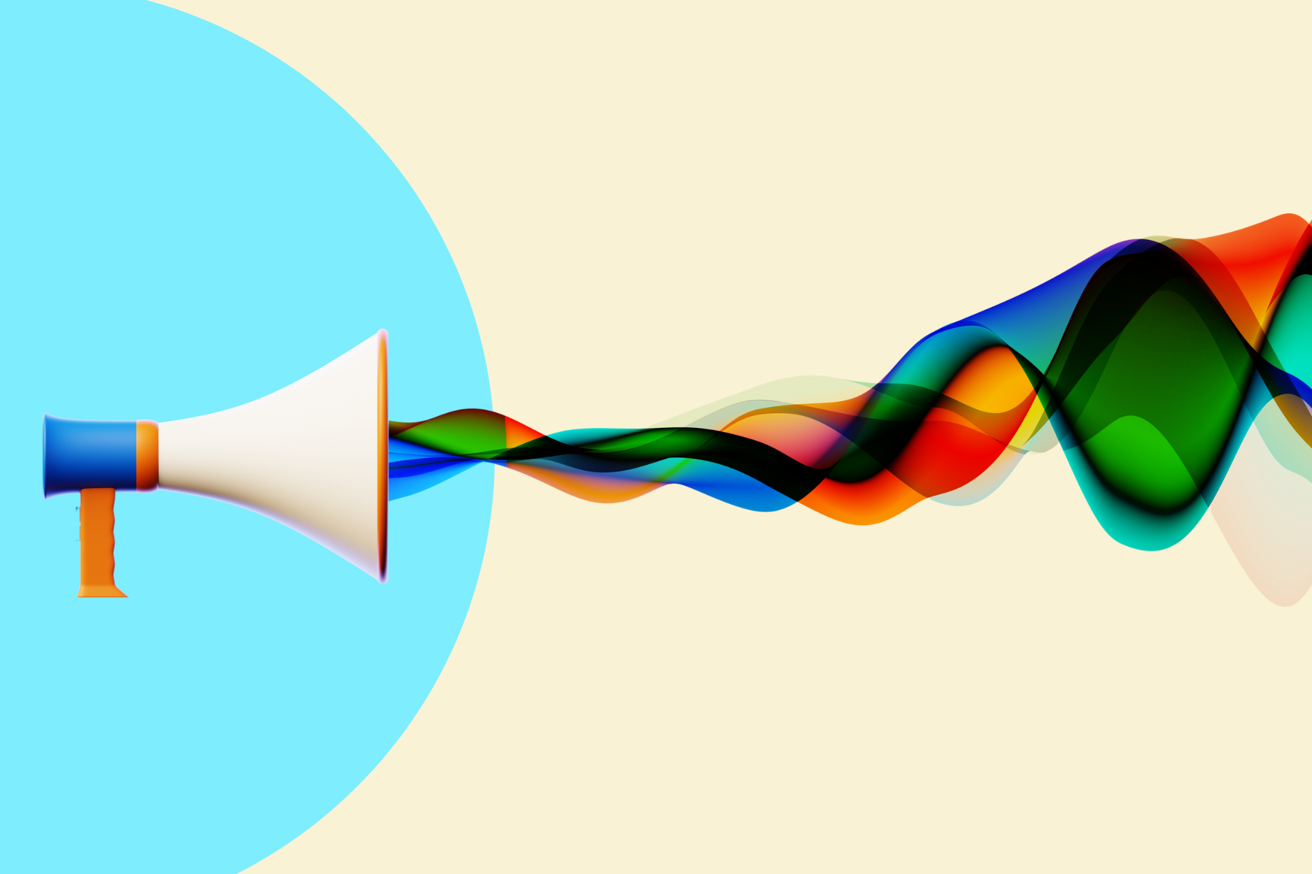 A colorful megaphone projects overlapping multicolored sound waves across a pale cream background, with a large blue circle behind the megaphone.