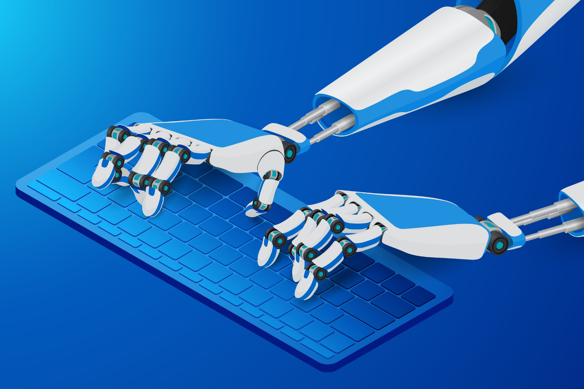 Illustration of robotic hands typing on a blue computer keyboard, representing AI-generated online content.