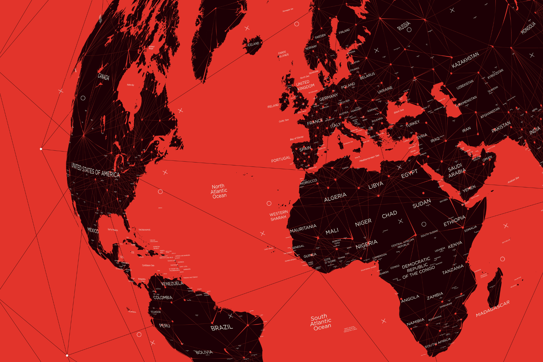Stylized red-and-black world map with country labels and geometric connecting lines.