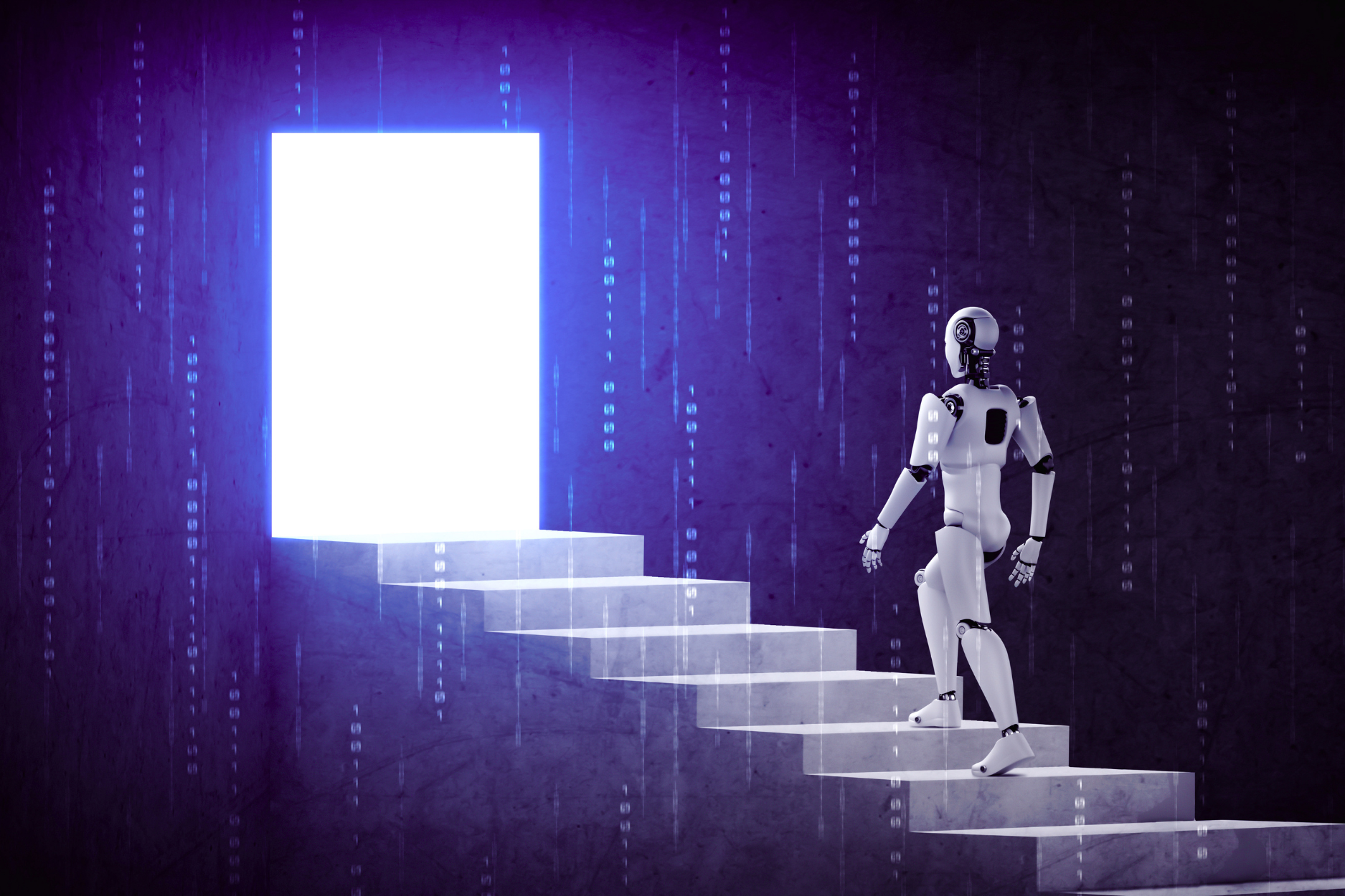 A white humanoid robot walks up a translucent staircase toward a bright rectangular doorway. The scene is set against a dark purple digital background with vertical streams of blue data-like markings.