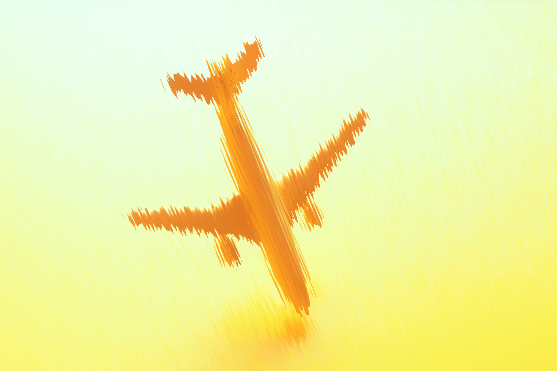 Abstract orange brushstroke silhouette of an airplane in flight against a pale green and bright yellow background with diagonal streaks of light.