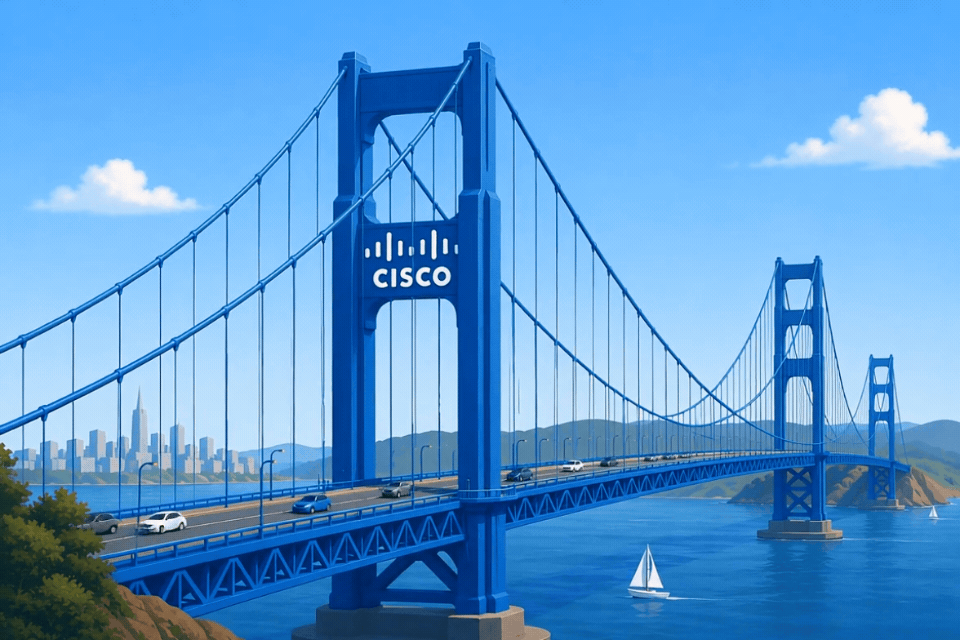 Blue Cisco bridge over water