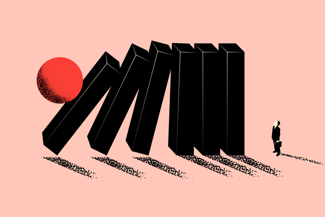 Conceptual business illustration of upcoming business problem metaphor with falling domino and businessman silhouette.