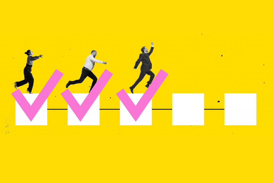 Three professionals jumping between pink checkmarks and white boxes against yellow background.
