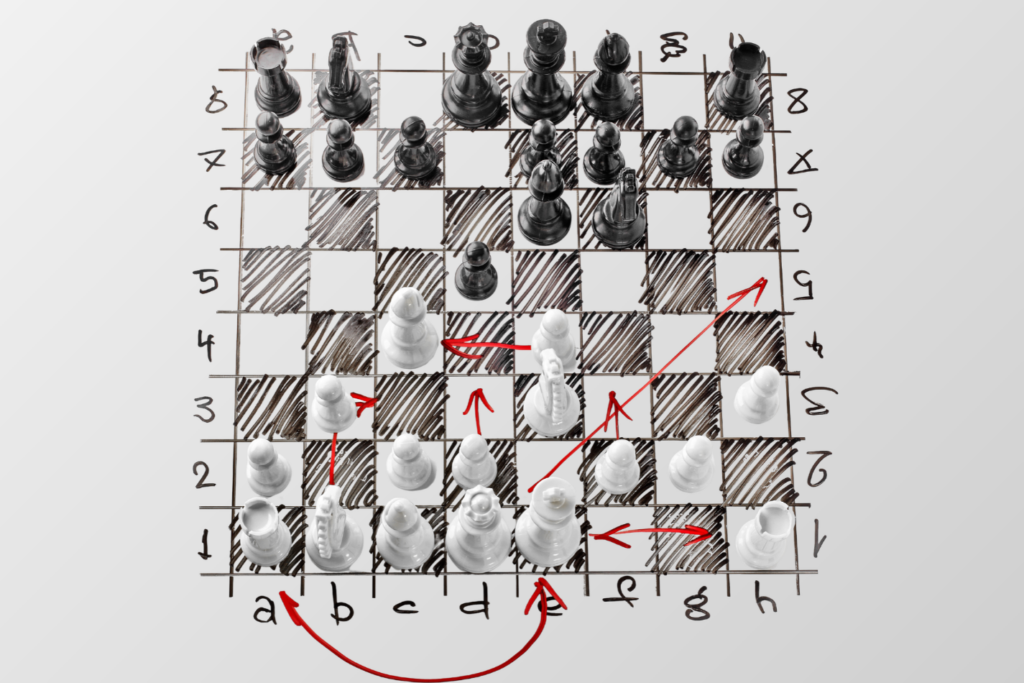 Chess. White board with chess figures on it. Plan of battle. The white Bishop is under attack.