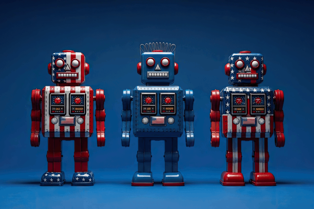 Three retro-style toy robots, two decorated in red, white and blue with stars and stripes, stand against a blue background.