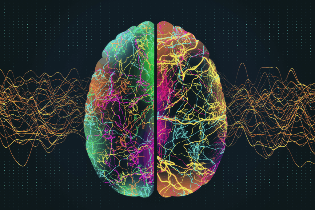 Abstract illustration of a brain filled with colorful neural pathways, surrounded by digital waveforms on a dark background.