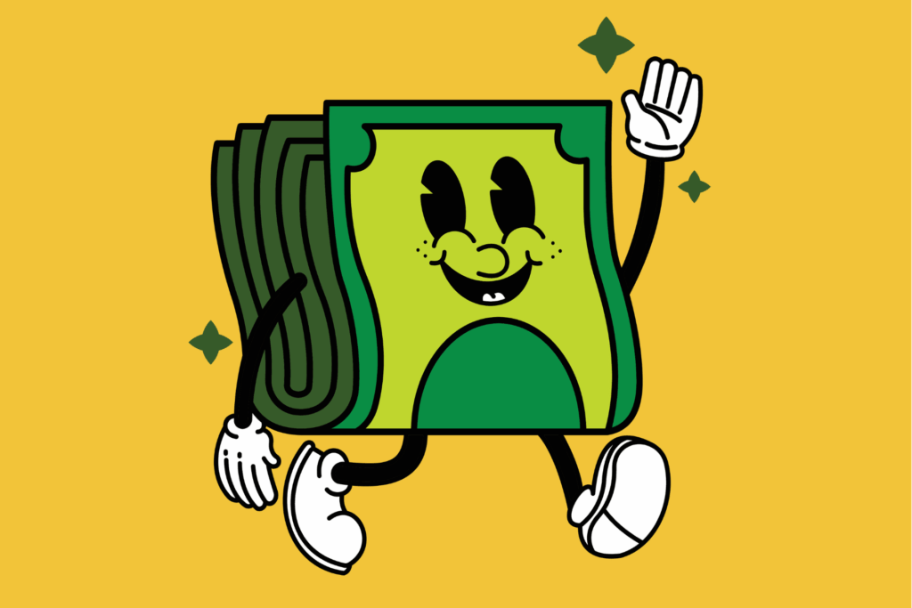 Illustration of a smiling stack of green dollar bills waving against a yellow background.