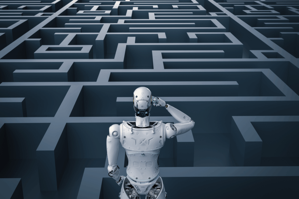 A humanoid robot stands at the entrance of a large maze, looking ahead at the winding paths.