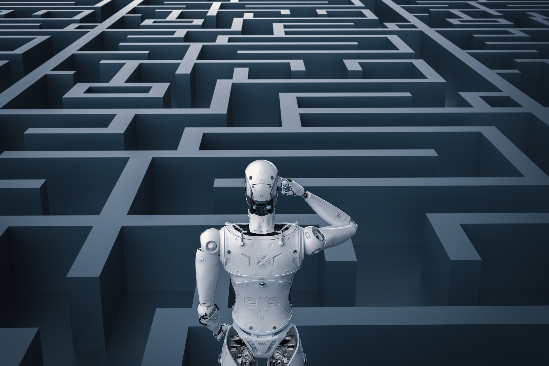 A humanoid robot stands at the entrance of a large maze, looking ahead at the winding paths.