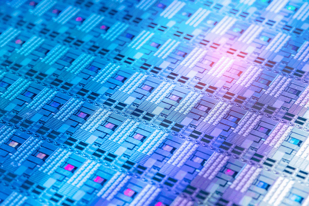 Close-up of a semiconductor chip with blue and purple circuitry.