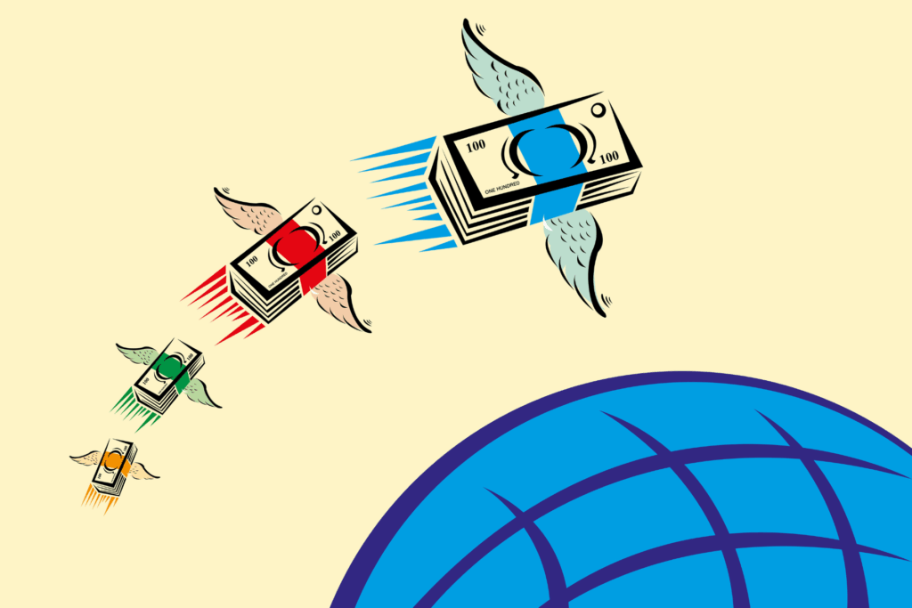 Illustration of stacks of money with wings flying above a blue globe.