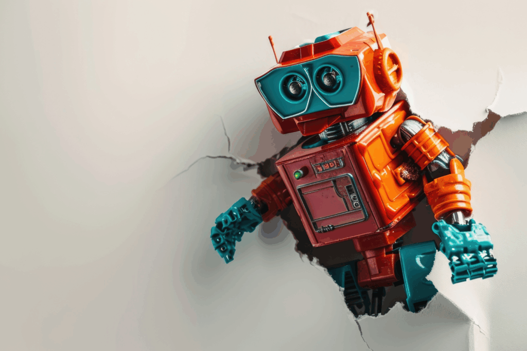 Orange and teal toy robot breaking through a white wall.