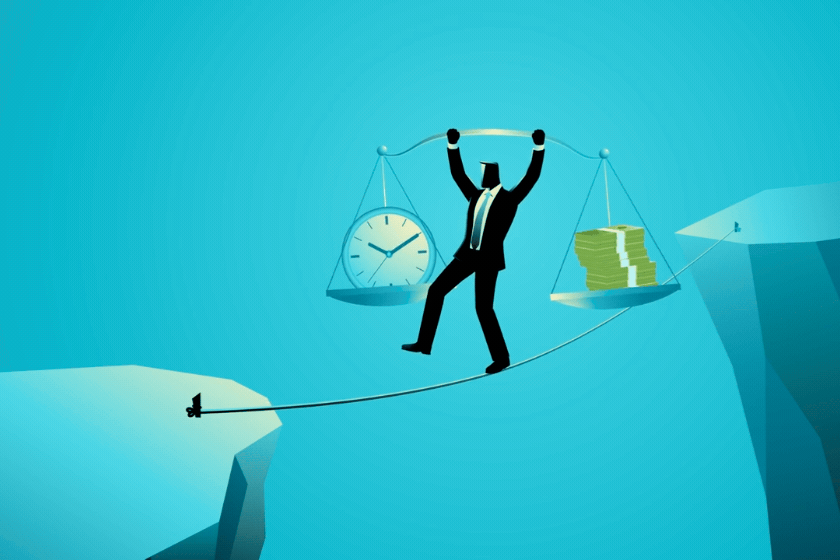 Illustration of a businessperson balancing on a tightrope while holding a scale with a clock on one side and stacks of money on the other.