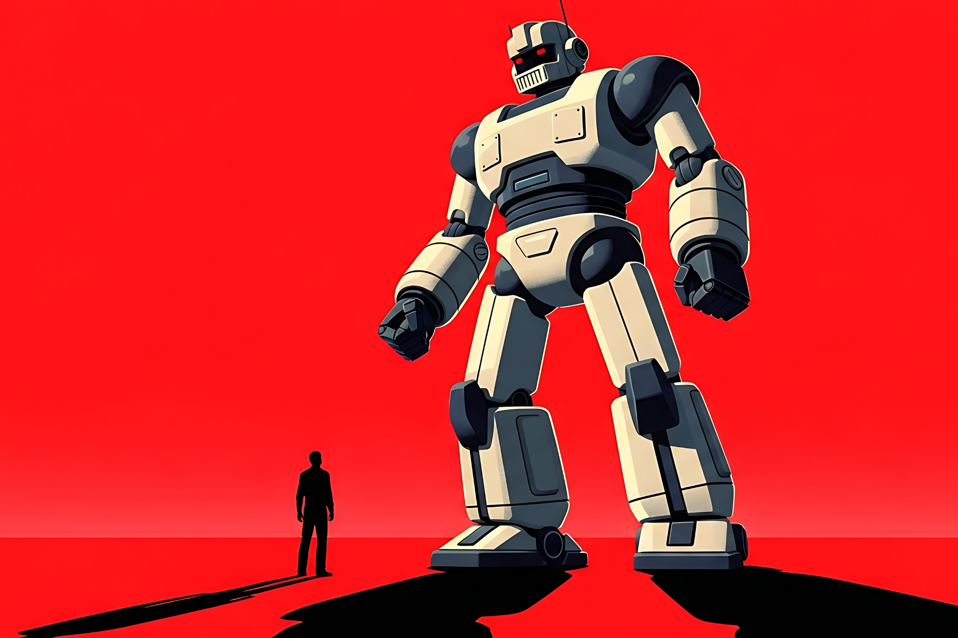 Illustration of a towering humanoid robot standing beside a small human figure against a red background.
