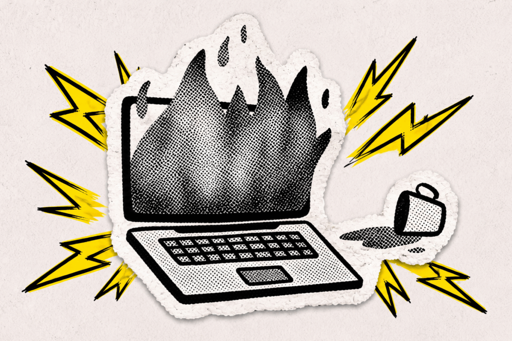 Illustration of a laptop engulfed in flames, surrounded by warning bolts and a computer mouse.