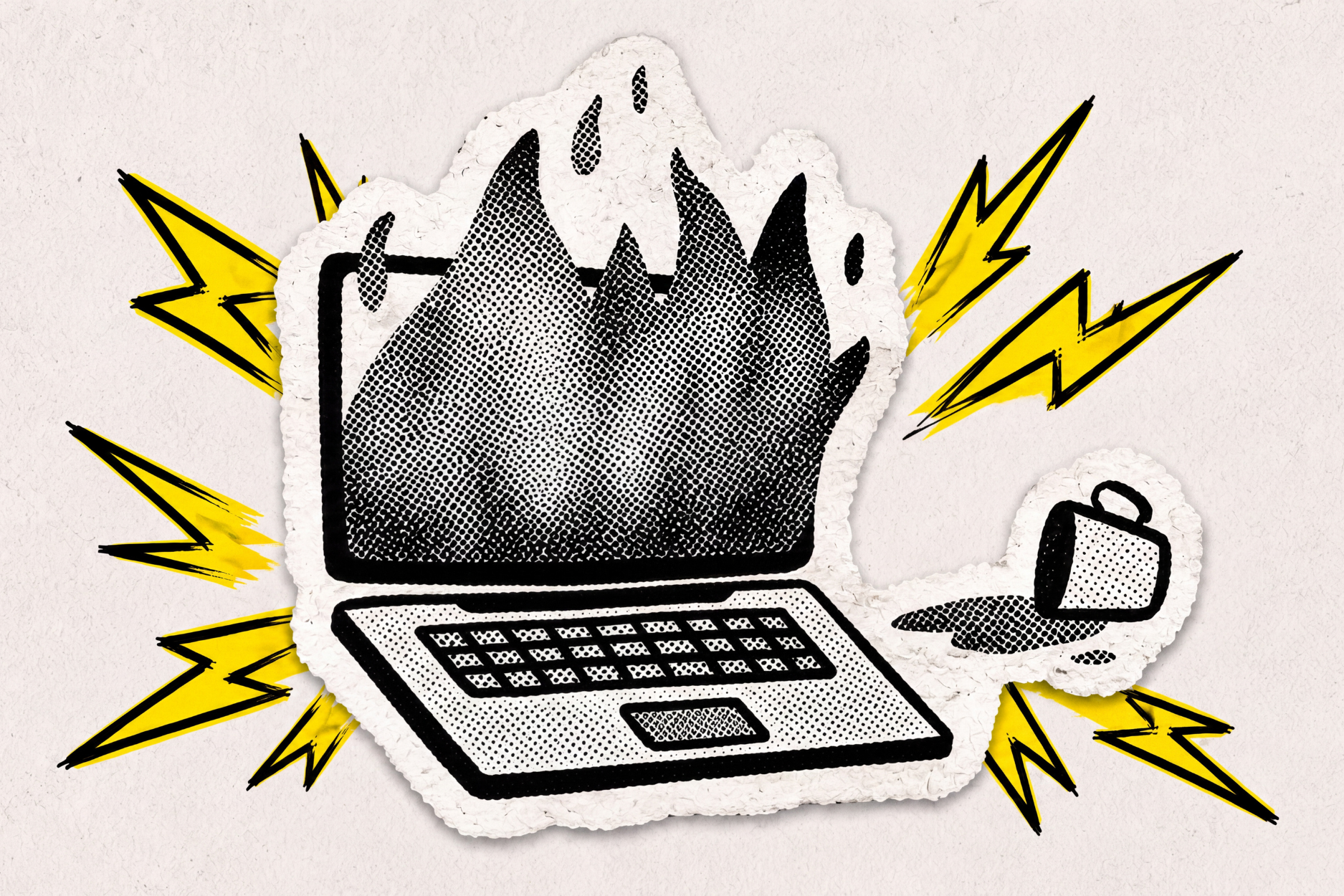 Illustration of a laptop engulfed in flames, surrounded by warning bolts and a computer mouse.