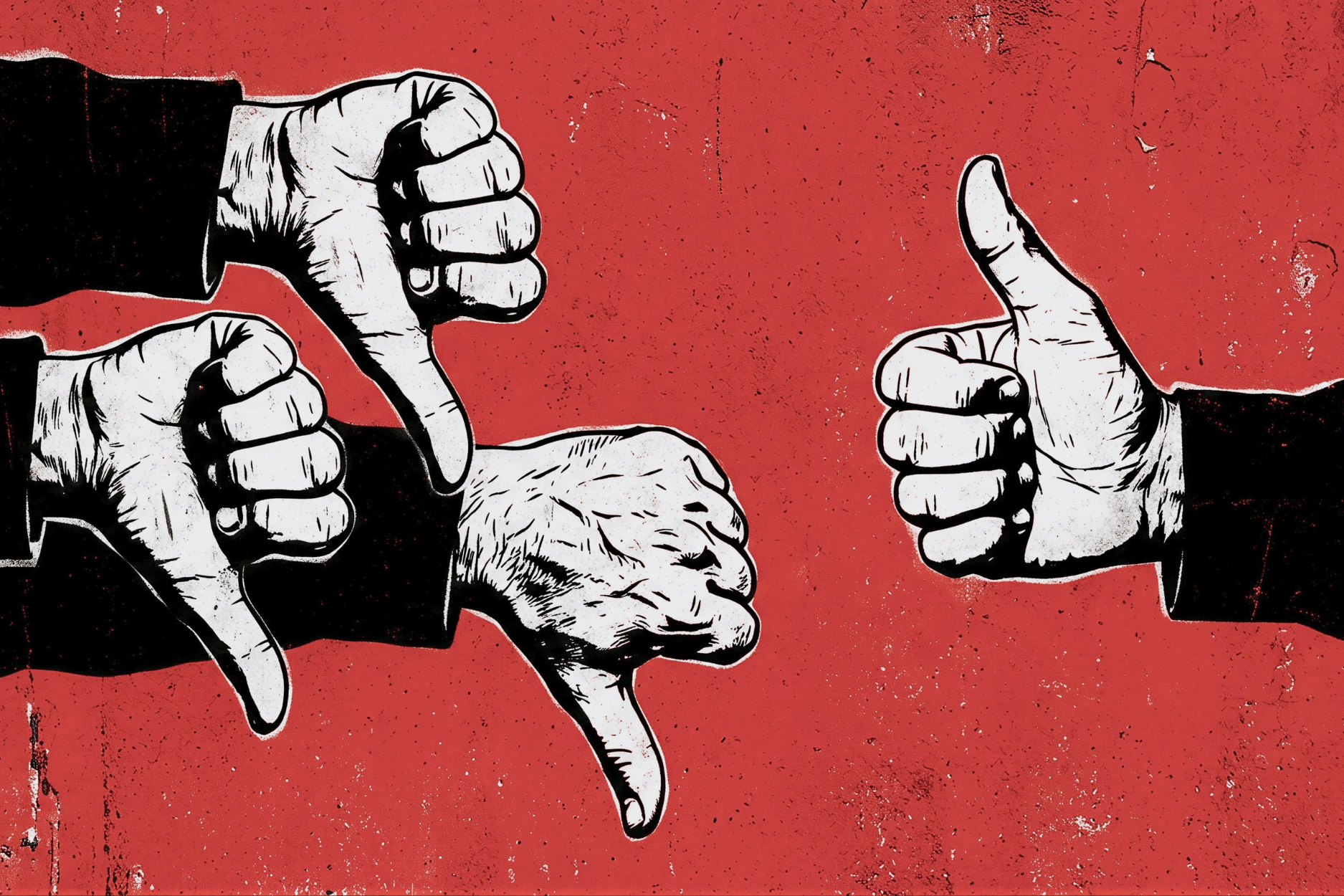Illustration of three thumbs-down gestures and one thumbs-up gesture against a red background.