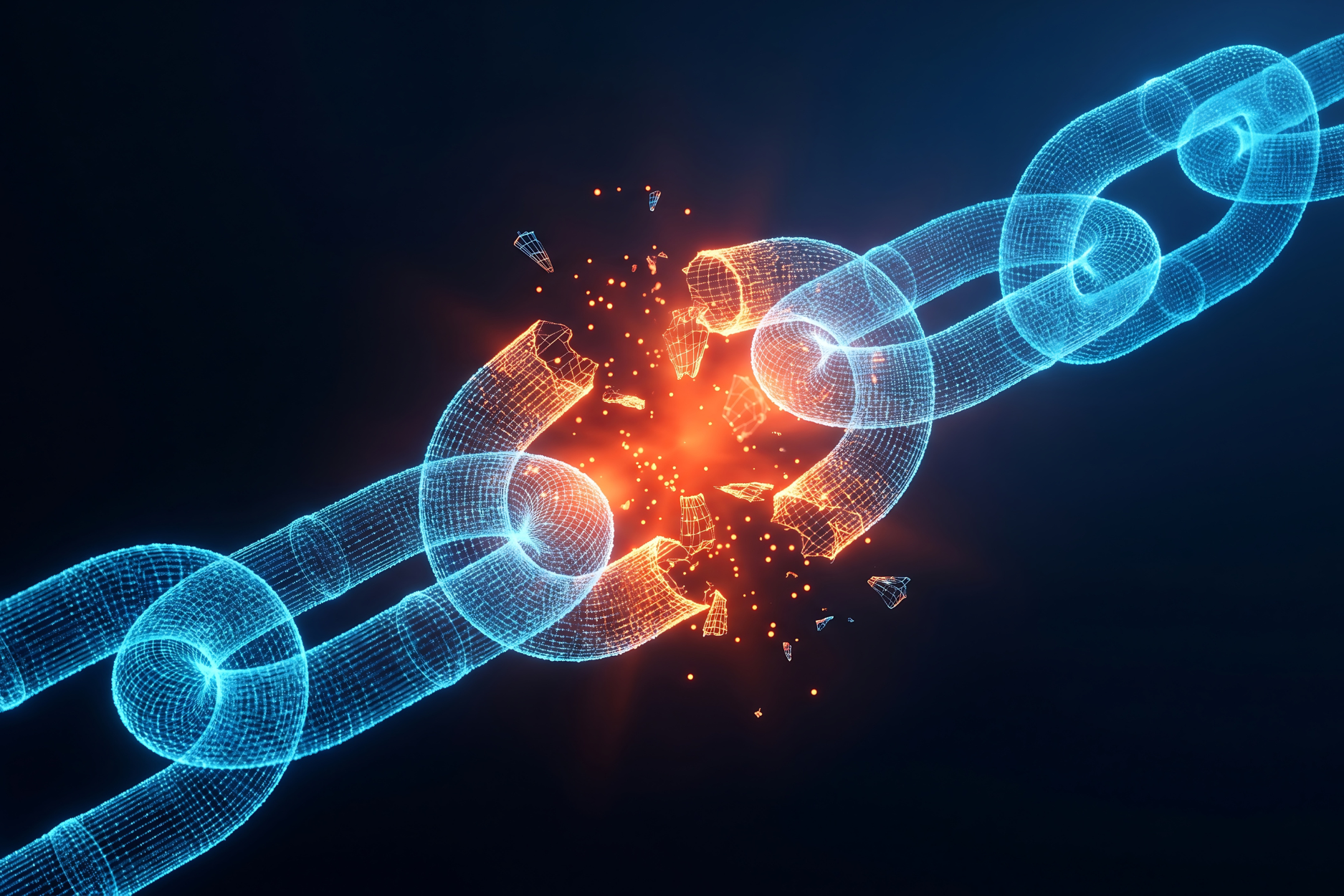 A glowing digital chain breaks apart at the center, with orange sparks against a dark blue background.