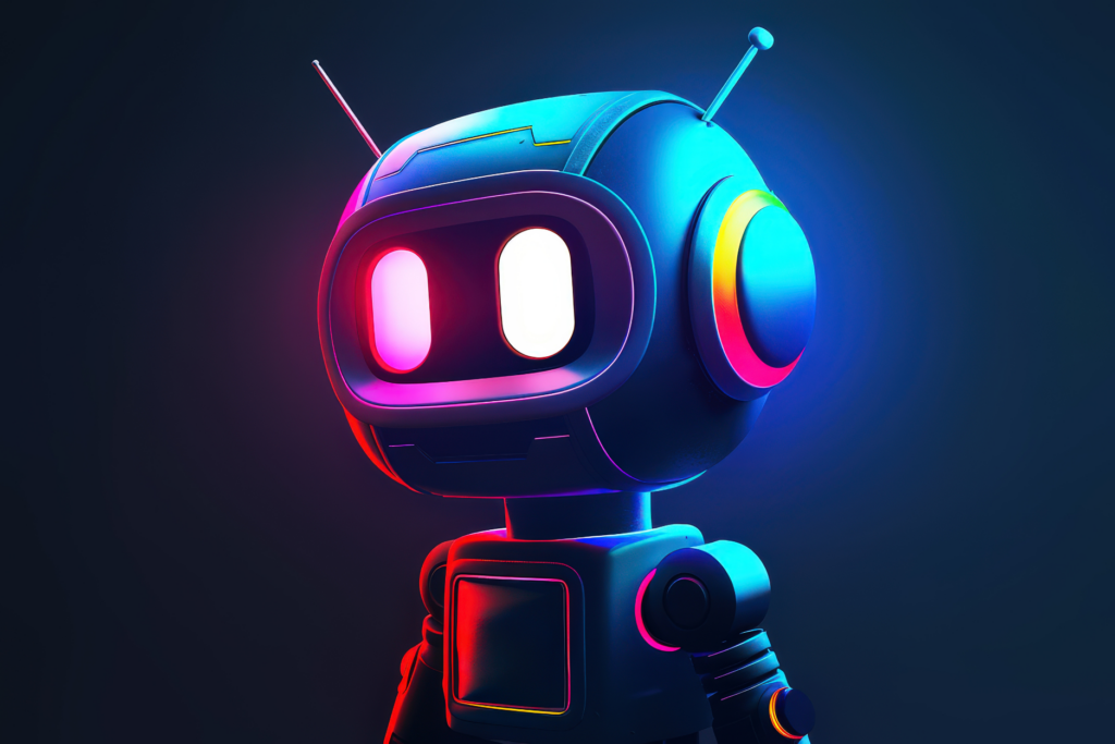 Futuristic robot illuminated by blue, pink and red neon lighting against a dark background.