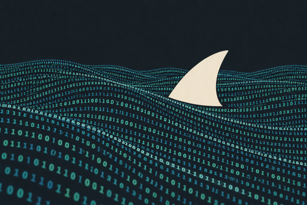 Abstract shark fin cutting through waves made of glowing binary code.