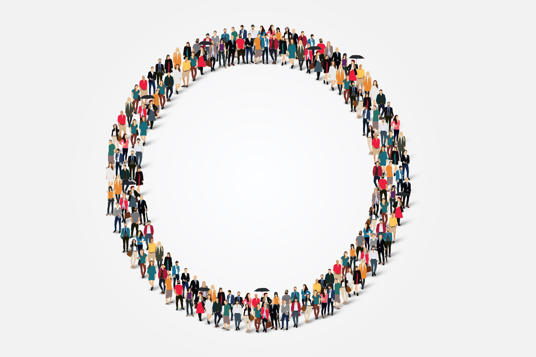 A large group of people arranged in a circle, representing workplace teams and shared identity.