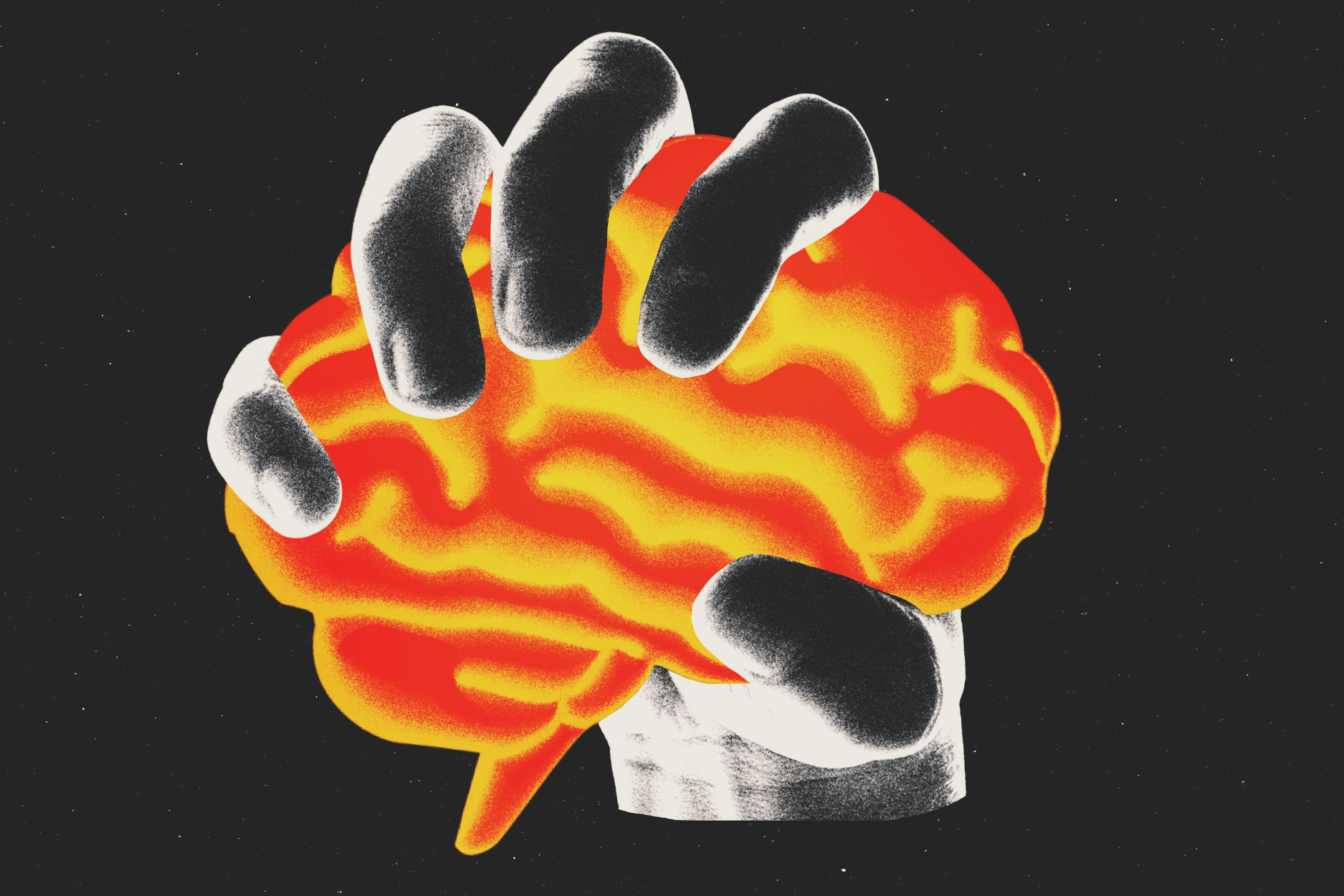 Illustration of a hand gripping a glowing red and yellow brain against a dark background.